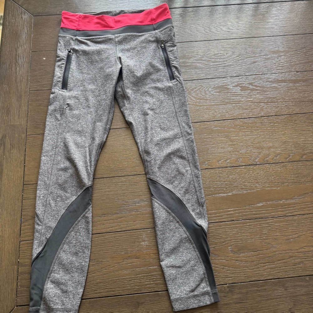 Lululemon Sz 6 Inspire Tight Leggings Grey Pink  Neon Zip Front Pockets Running